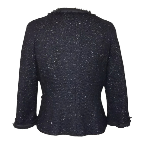 Talbots Tweed wool Boucle Jacket black sparkly lace ruffle fray trim Women's 12 - Picture 2 of 16